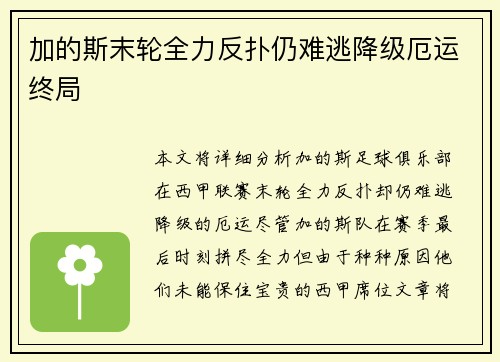 加的斯末轮全力反扑仍难逃降级厄运终局